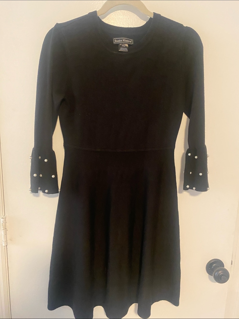 Jessica Howard Black Pearl-Cuff Knit A-Line Dress